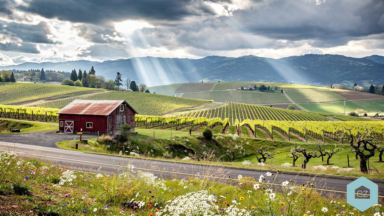 Rolling Willamette Valley vineyards and a red barn under spring light in Oregon wine country